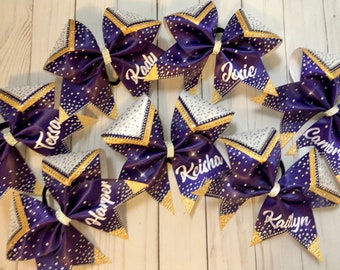 Custom Personalized Satin Sublimated Glitter Rhinestone Cheerleading Bow Team Cheer Bows