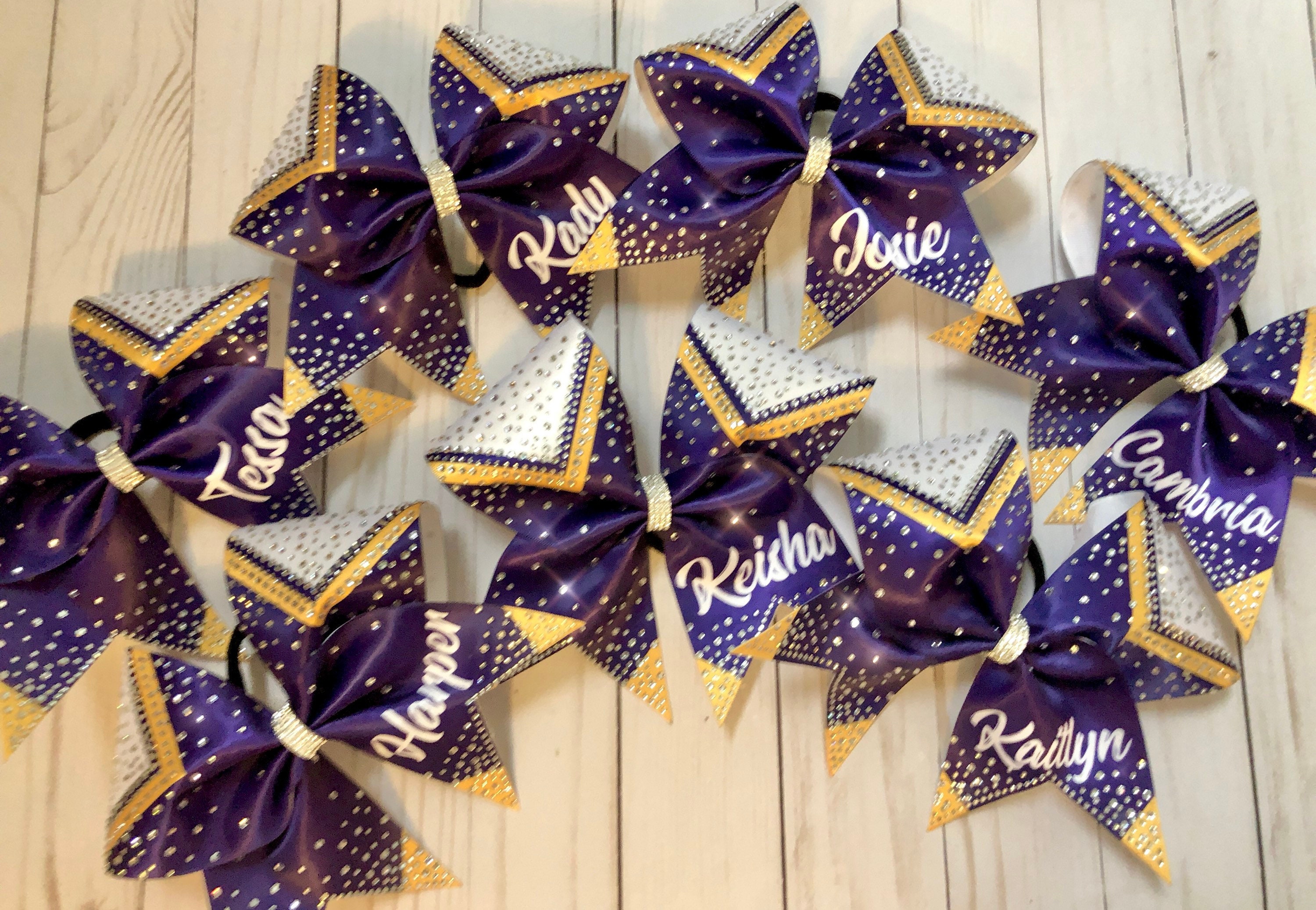 Custom Personalized Satin Sublimated Glitter Rhinestone Cheerleading Bow Team Cheer Bows