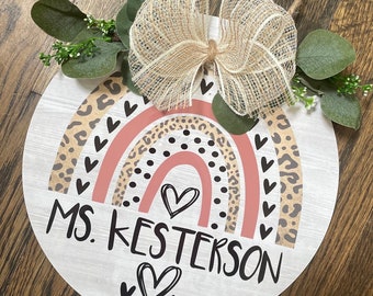 Personalized Teacher Sign Boho Classroom Rainbow Cheetah  Door Sign Welcome Teacher Sign Teacher Appreciation Gift Teacher Door Hanger