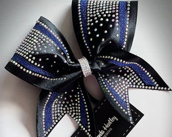 Black Satin Blue Glitter Rhinestone Cheer Bow Cheerleading Team Bow