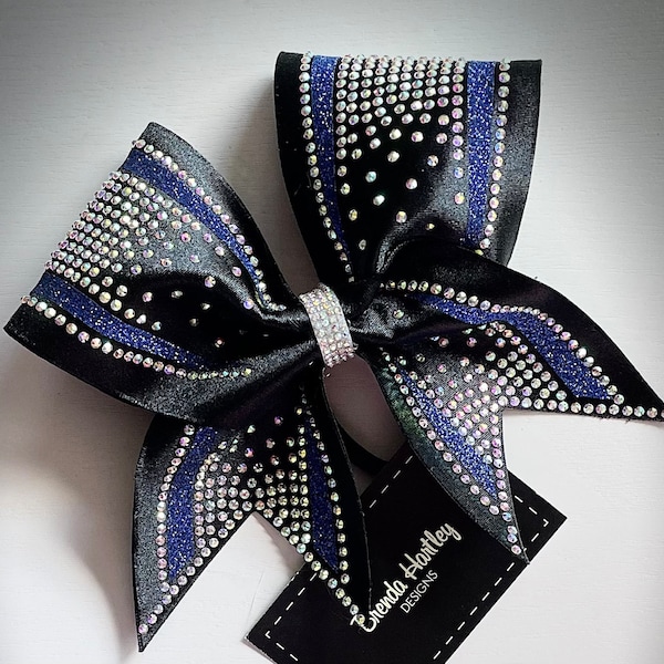 Black Satin Blue Glitter Rhinestone Cheer Bow Cheerleading Team Bow