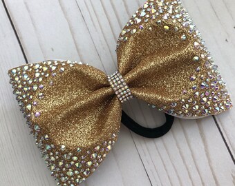 Gold Glitter 4" Tailless Rhinestone Cheer Bow