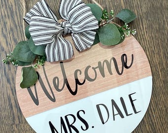 Personalized Teacher Sign  Classroom Black and White  Door Sign Welcome Teacher Sign Teacher Appreciation Gift Teacher Door Hanger