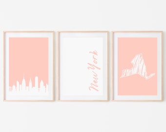 College Dorm Decor, Pink New York Wall Art Printable, College Art Print, Dorm Art Print (Set of Three)