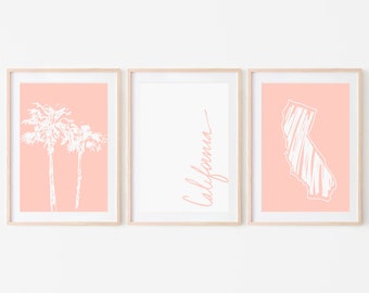 College Dorm Decor, Pink California Wall Art Printable, College Art Print, Dorm Art Print (Set of Three)