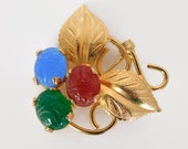 Vintage Scarab Brooch, Blue Red Green Glass Stones, Prong Set, Goldtone Metal, Leaf Accents, Unsigned, Egyptian Revival, Insect Jewelry