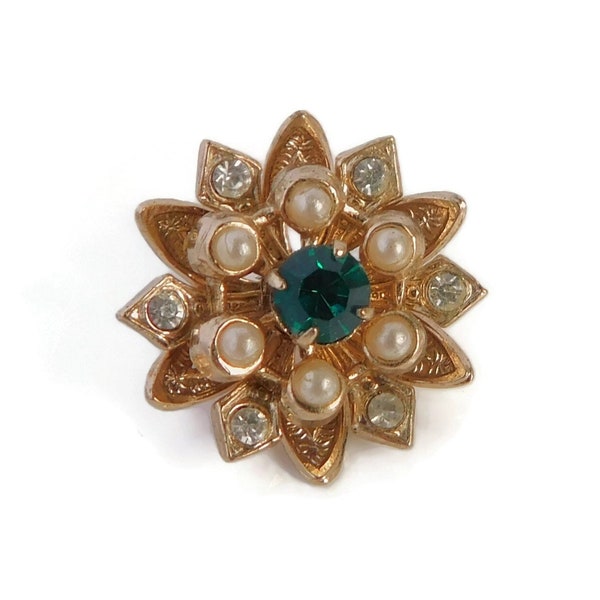 Small Rhinestone Faux Pearl Flower Brooch Pin Signed Coro