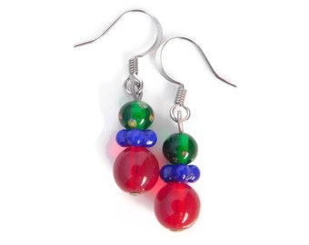 Multicolor Glass Drop Earrings Red Green Blue Colorful Jewelry