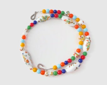 Colorful Glass Bead Necklace with Vintage Millefiori Beads Retro Style