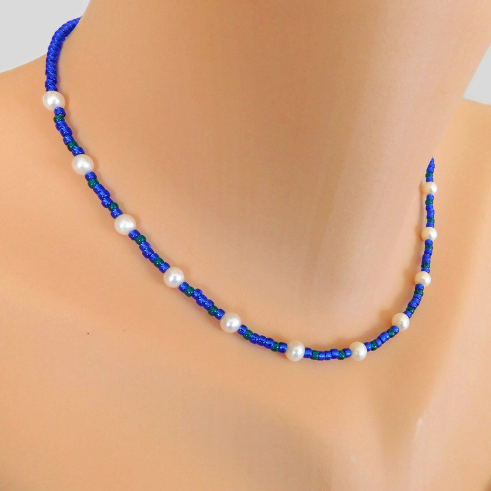Pearl Bead Necklace Blue White 16 Inch Beaded Choker Etsy