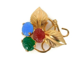 Vintage Scarab Brooch Prong Set Glass Insect Pin Egyptian Revival