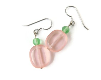 Pink and Green Earrings with Vintage Czech Glass Beads