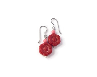 Red Flower Glass Bead Drop Earrings with Vintage Beads