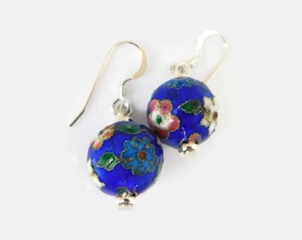 Cloisonne Earrings Blue Silver Floral Chinese Enamel Jewelry