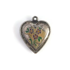 Vintage Sterling Silver Enamel Heart Charm with Red Flowers