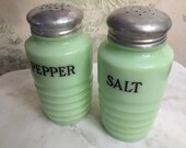 vintage Jadeite Salt and Pepper Shakers, Beehive Pattern Shakers, Jeanette Glass Salt and Pepper Shakers