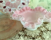 Fenton Silver Crest Pink and White Rose Bowl, ruffled fluted edging