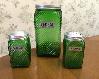 Vintage Owens Illinois Forest Green Glass ribbed SUGAR FLOUR CEREAL Shakers/ Hoosier Jars