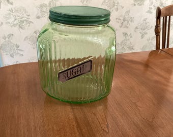 Green Depression  “Sugar”  Hoosier Canister Jar