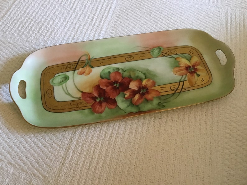 Vintage Jadeite Green/Deep Orange Flowered Celery Server/Vanity Tray image 1