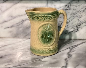 Antique Hull Salt Glazed Yellow Green “7 inch”  Grazing Cow Pitcher RARE