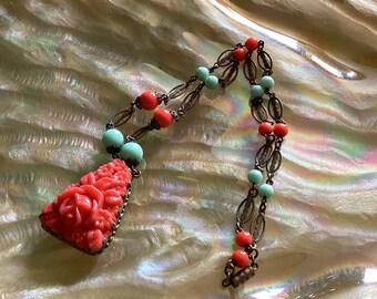 1930’s Faux Coral and Brass Flowered Filigree  Necklace