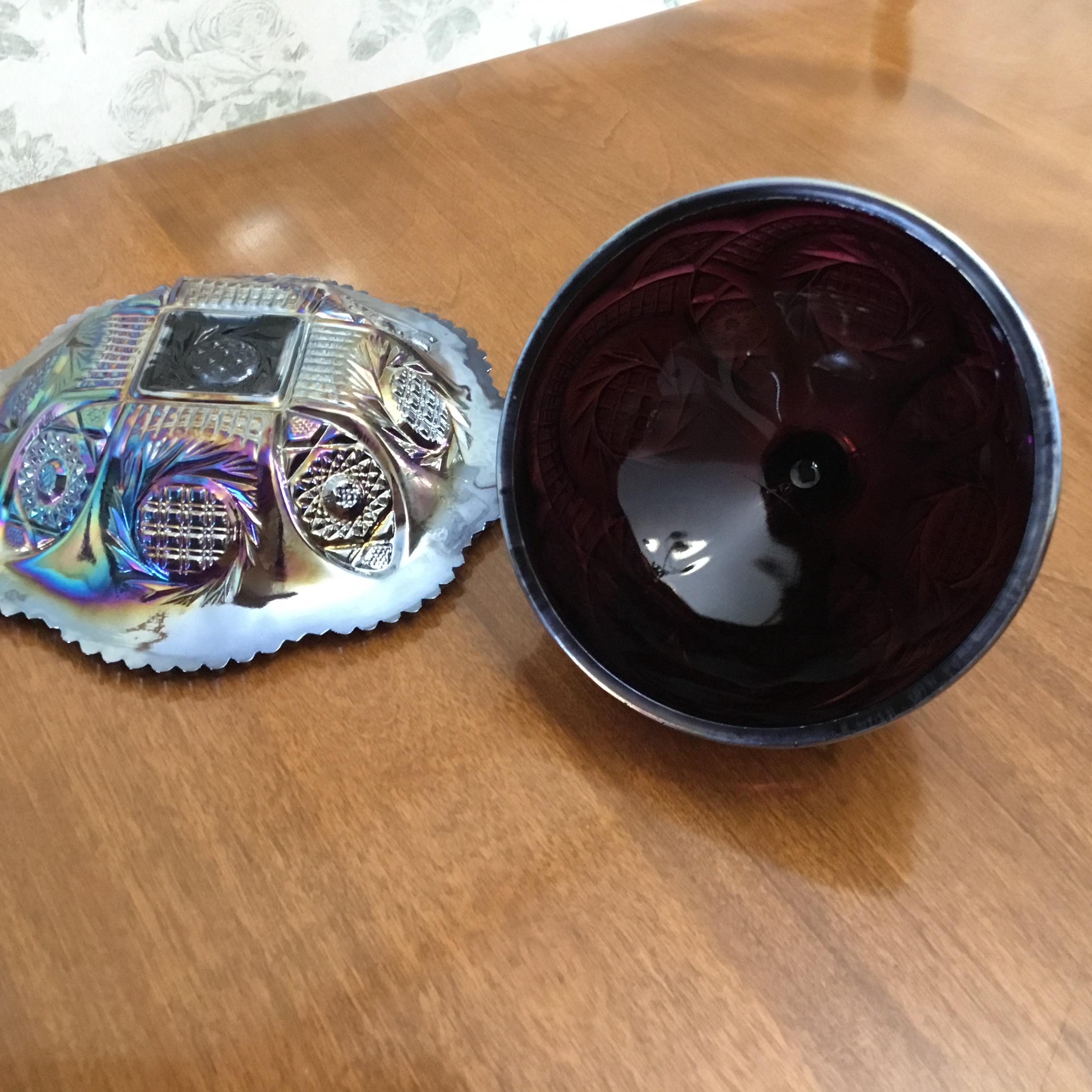 L E Smith Amethyst Carnival Glass Domed Aztec Sunburst Pinwheel Hobstar ...