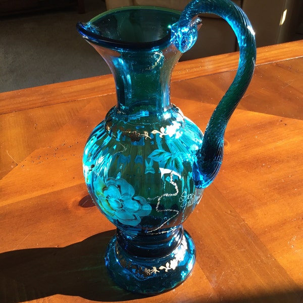 Bill Fenton Hand Painted Signed Deep Turquoise/Blue Gold Encrusted Ewer/New Century Collection Pitcher Vase