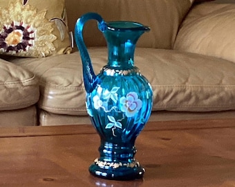 Fenton Hand Painted Beautiful Blue Flowered “New Century”  Ewer Pitcher