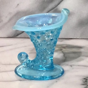 Fenton Jack in the Pulpit Blue Irridescent Hobnail Cornucopia Vase