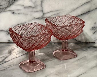 Vintage Pink Trellis Pedestal Bowls,  L.E. Smith, Square Dessert Glasses, Midcentury Ice Cream Cups
