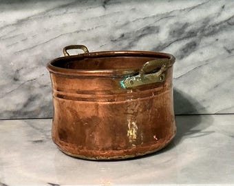Antique COPPER Handcrafted Pot (8 inch) Wide - Riveted Brass Handles - Vintage Copper Vessel - Primitive Rustic Decor - Planter