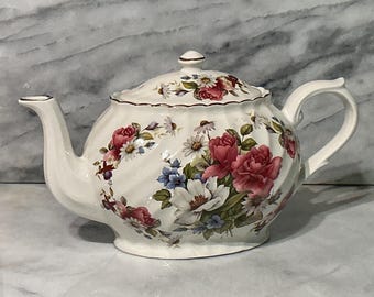 Vintage Arthur Wood & Son Floral Teapot, Pink Blue White Flowers, Gold Accents (Staffordshire England)
