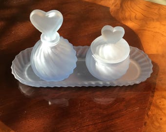 Vintage Frosted Light Blue Glass Perfume Bottle Set with Heart Stoppers & Scalloped Vanity Tray