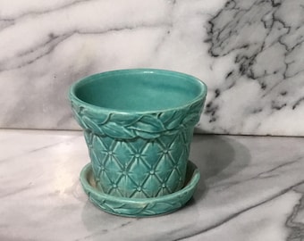 Turquoise Aqua “ Quilt and Leaf” 4 inch McCoy planter