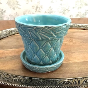 Vintage Turquoise Aqua McCoy Large 5 inch Planter Quilted  Style Pot