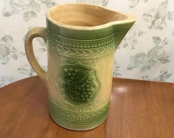 Salt Glazed Stoneware Pottery Green/Yellow Grape Shield Pitcher