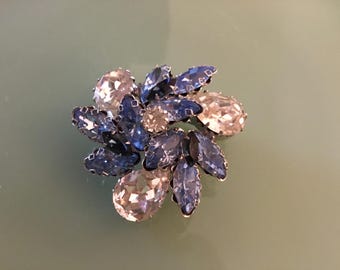 Vintage Austria Crystal Flower Brooch Pin- Blue/Lavender Clear Crystal Rhinestone Petals-Vintage Statement Jewelry