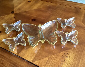 Vintage Gold Trimmed Clear Pressed Clear Set of 5 Butterfly Dishes