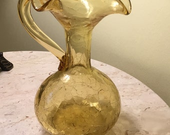 Vintage Large Pale Topaz/Deep Yellow Crackle Glass Pitcher