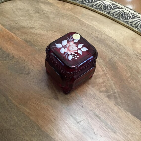 Vintage Westmoreland Ruby Red hand painted small Footed Jewel/Trinket box View 2