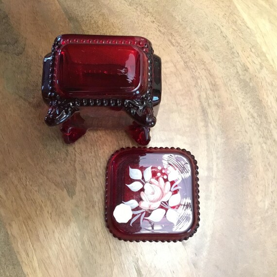 Vintage Westmoreland Ruby Red hand painted small Footed Jewel/Trinket box View 6