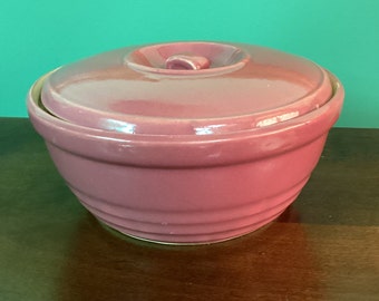 Vintage Rose Pink Colored Pottery Casserole with Matching Lid