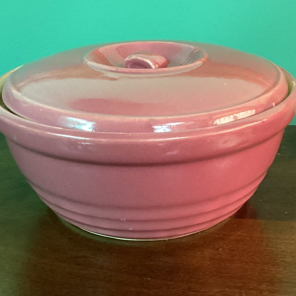 Vintage Rose Pink Colored Pottery Casserole with Matching Lid