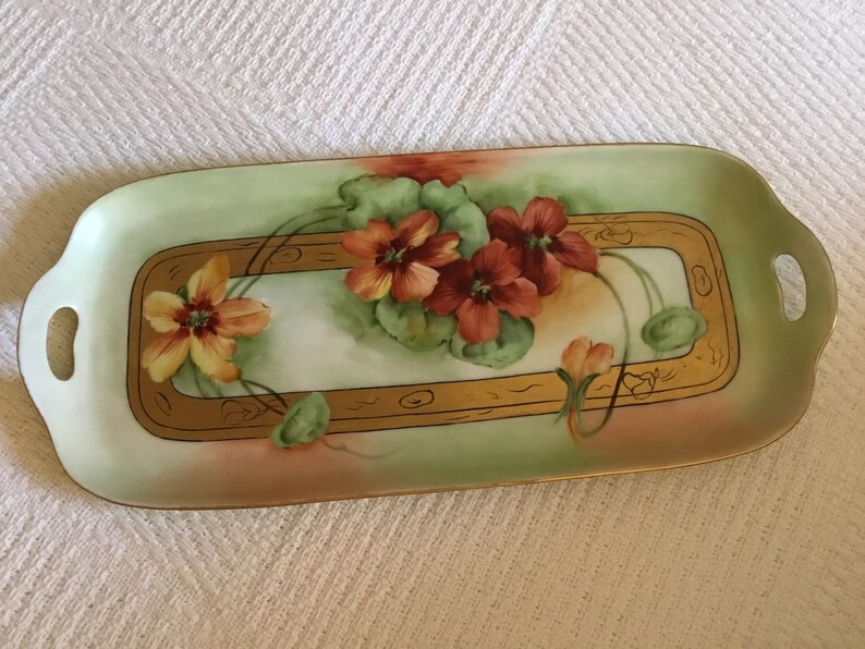 Vintage Jadeite Green/Deep Orange Flowered Celery Server/Vanity Tray image 3