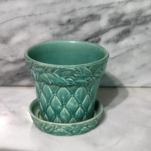 Vintage McCoy Pottery  Quilted Diamond Leaf Turquoise Blue “5” inch Diameter Planter with Saucer