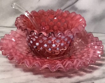 FENTON Cranberry Opalescent Hobnail Bowl, Under plate withServing Spoon