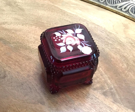 Vintage Westmoreland Ruby Red hand painted small Footed Jewel/Trinket box