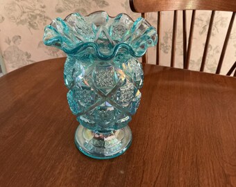 Westmoreland Ice Blue Irridescent Carnival Glass Old Quilt Vase