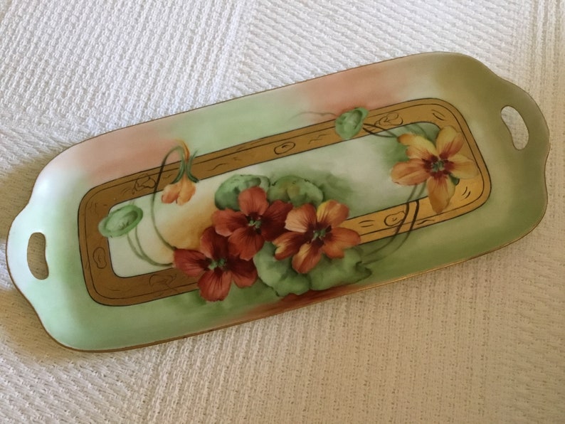 Vintage Jadeite Green/Deep Orange Flowered Celery Server/Vanity Tray image 2